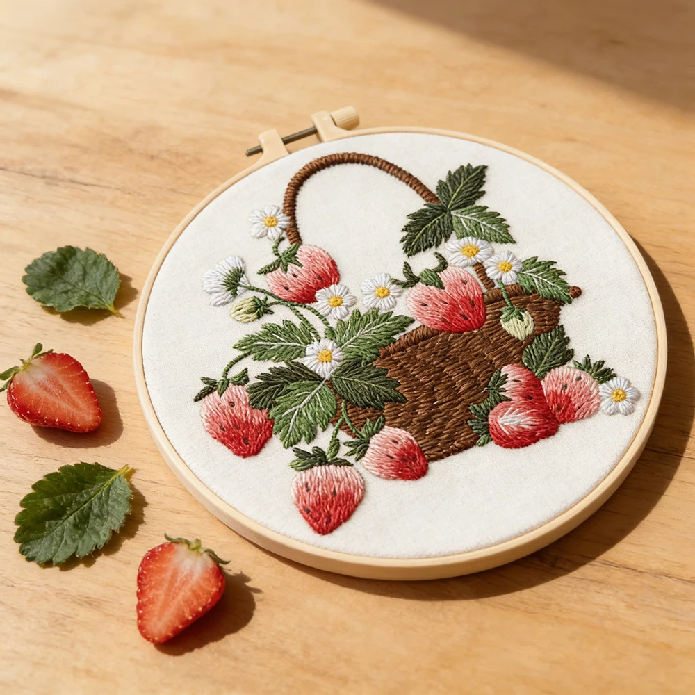 Stickerei-Set Erdbeer-Blumenkorb Kunstwerk Nähzubehör DIY Bastelmaterial-Paket Kreuzstich-Set Handgemachtes Geschenk