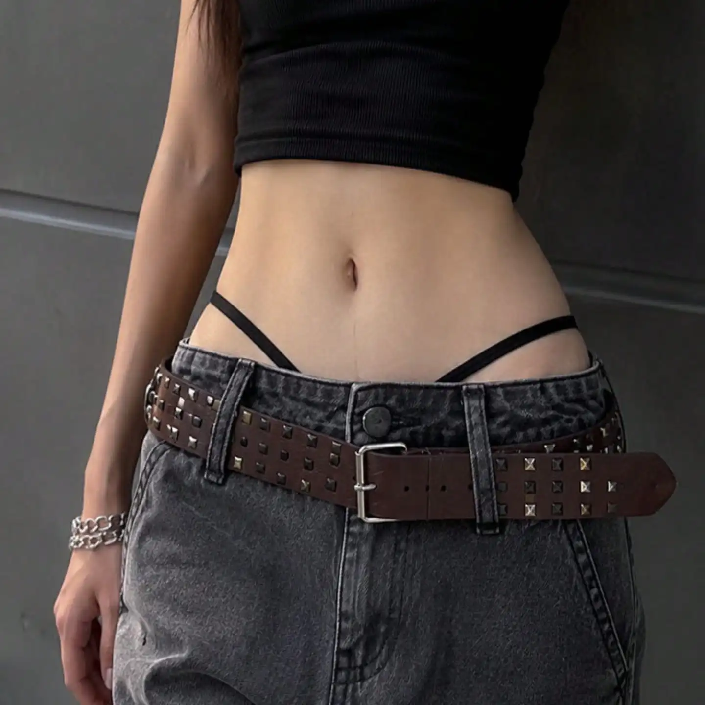 Y2K Punk Style, Color-Blocked, Randomly Arranged Rivet Belt, Vintage Distressed PU Leather Belt, Belt Stylish Women