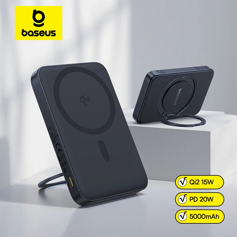 Baseus 5000mAh Magnetic Power Bank 360° Kickstand Wireless Qi2 15W, PD Wired 20W Charging External Battery For iPhone 17 Samsung
