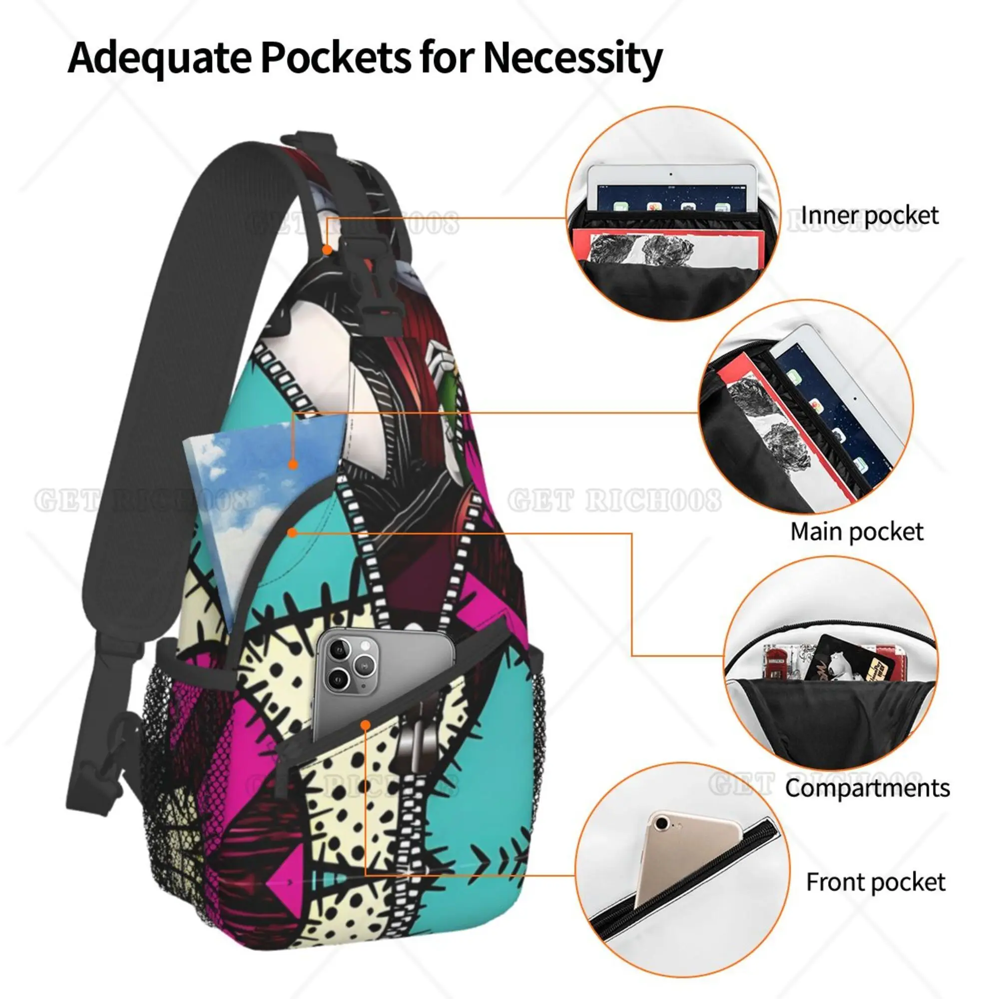 Cartoon Abstrato Impressão Colorida Cross Sling Bag, Mochila Peito para Homens e Mulheres, Poliéster, Casual, Tamanho Único, Ao Ar Livre, Caminhada, Viagem