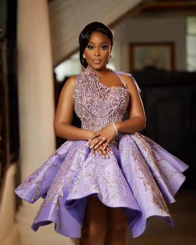 Lilac Homecoming Dresses Prom Evening graduation Ball Gown Beaded Crystals Lace Satin Knee Prom Dress Customized