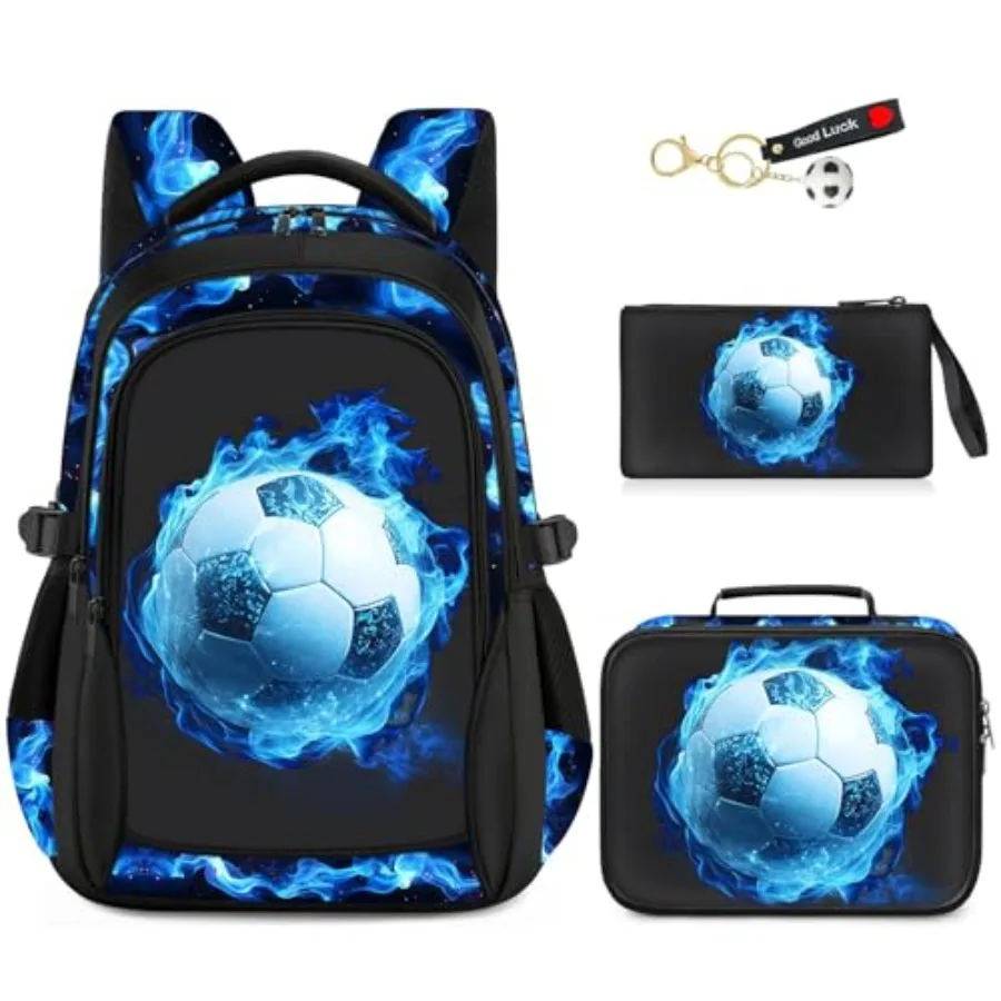 

School Backpacks for Boys - 4pcs Soccer Boys Backpacks with Lunch Box Set for Teens Elementary Middle School, 17″ Large Capacit