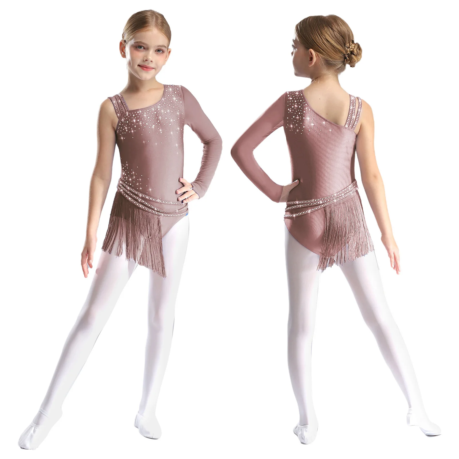

Girls Gymnastics Ballet Leotard Figure Skating Costume Shiny Rhinestones Tassel Dance Bodysuit for Latin Cha-Cha Shows Dancewear