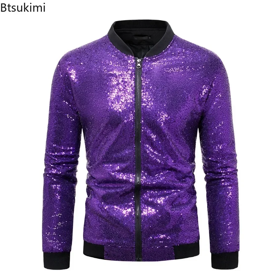 Chaquetas con lentejuelas para hombre, abrigos con purpurina brillante para discoteca, DJ, graduación, chaqueta Bomber para hombre, chaqueta para