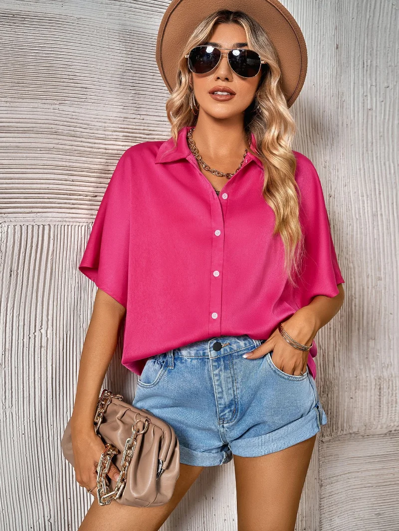 2023 sommer Tops frauen Satin Bluse Kurzarm Casual Slik Shirts Frauen Mode Lose Feste Taste Hemd Weibliche Blusas 24770