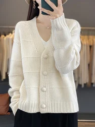 Oversize Womens Cardigan 100% Merino Wool New Arrival Sweater VNeck Pullover Knitted Jumper Lady Clothes Outerwear Fashion Trend