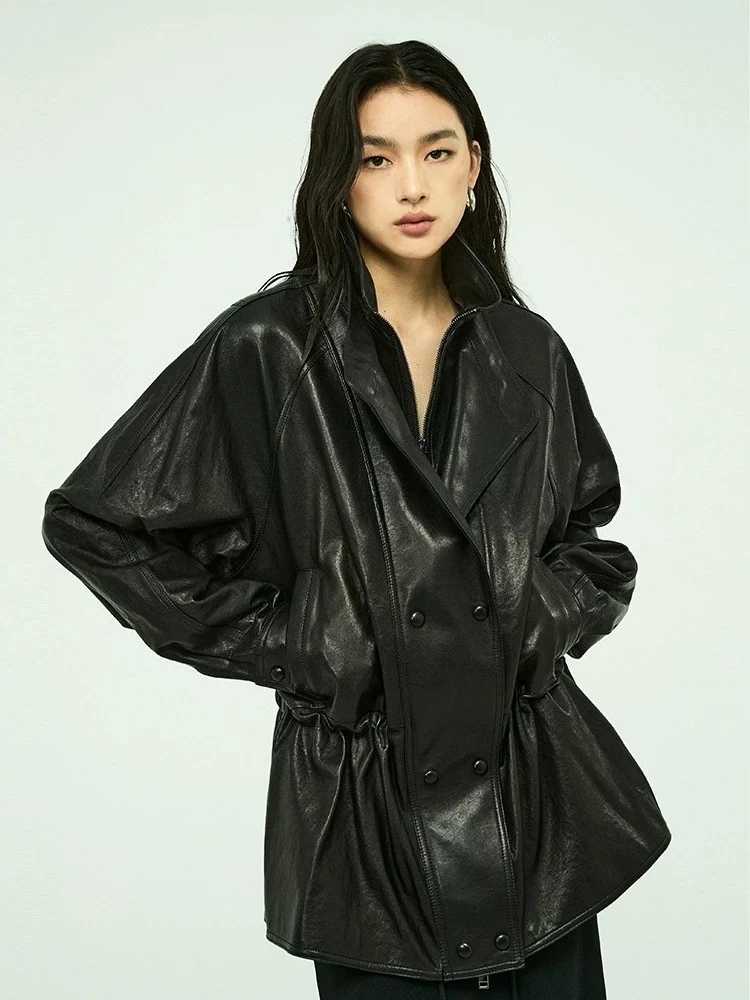

Mid-length Genuine Leather Motorcycle Jackets Women Simple Double-layer Collar Loose Soft Black Real Sheepskin Windbreaker Coat