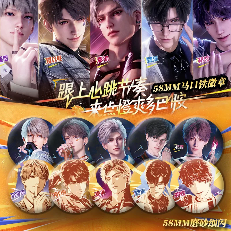 1 Stück 58MM Love and Deepspace Sylus Rafayel Zayne Xavier Caleb Anime Cosplay Abzeichen Orange Soda Brosche Pin Kleidung Hut Dekoration