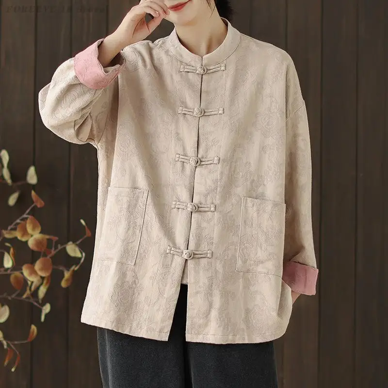 

Vintage Chinese Style Jacket Spring Autumn Tang Clothes Loose Tai Chi Shirt Female Zen Costume Coat Traditional Stand Collar Top