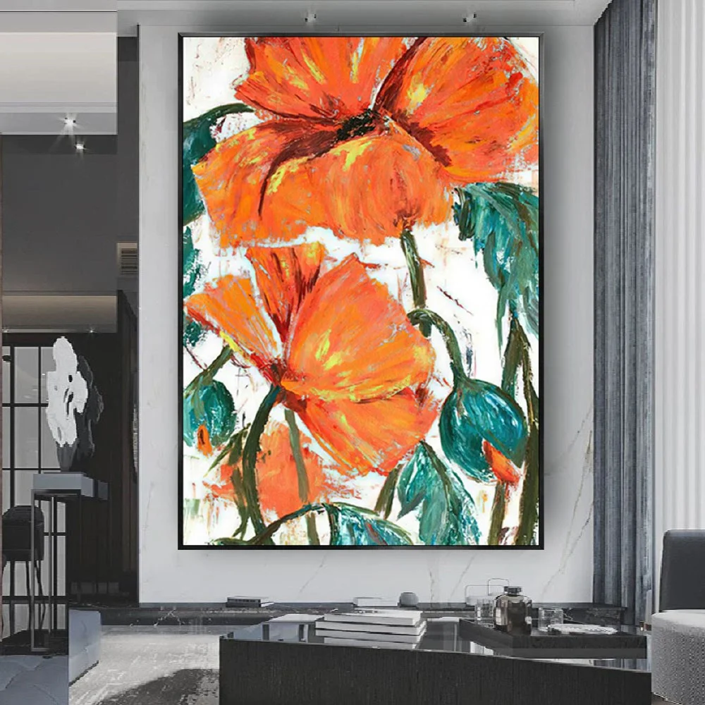 

Luxury Home Pendant Nordic Hand-Painted Oil Painting Orange Floral Canvas Image Modern Abstract Wall Art Room Decor Poster