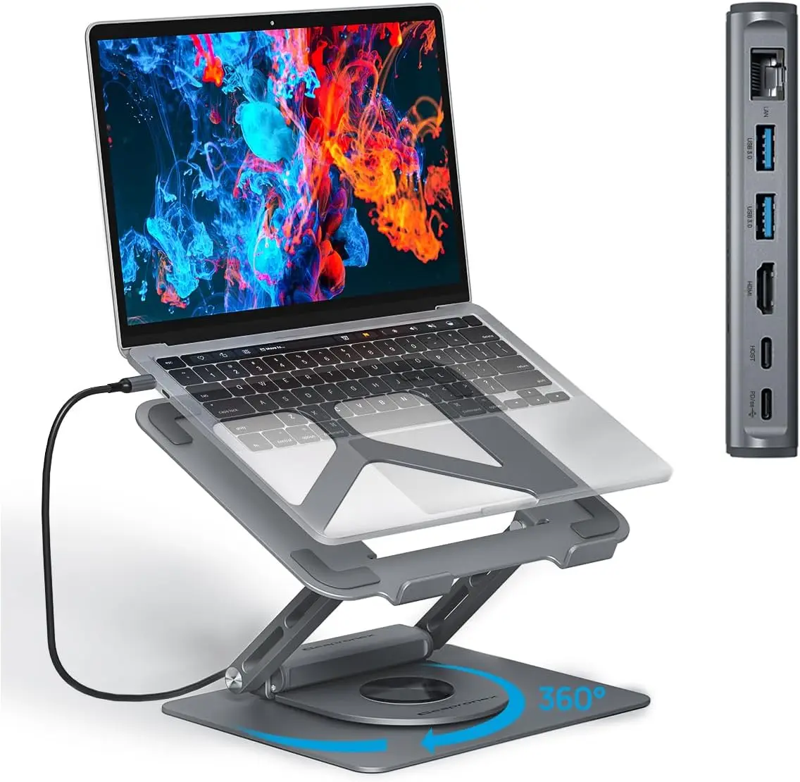 

Adjustable Laptop Stand with 360 Rotating Base & USB Docking Station, Portable Ergonomic Riser with USB Hub 100W PD/4K HDMI