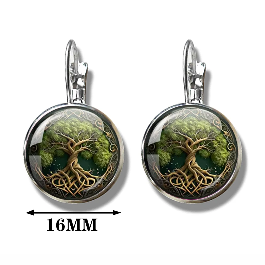 Vintage Celtic Tree of Life 2Pcs Earrings 16MM/20mm Glass Cabochon Earrings Round Glass Pendant Tree of Life Irish Cultural Gift