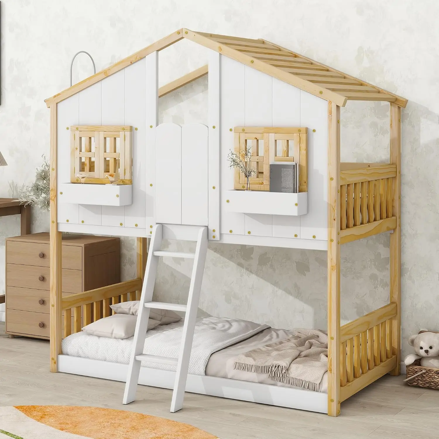 House Bunk Bed Twin Over Twin with Roof, Windows, Window Box and Door, Solid Wood Kids Floor Bunk Bed Frame with, Customized