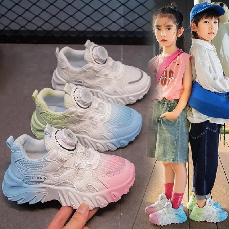 

Gradient Color Kids Sneakers Unisex Girls Boys Low Top Round Toe Casual Running Shoes With Convenient Button Closure