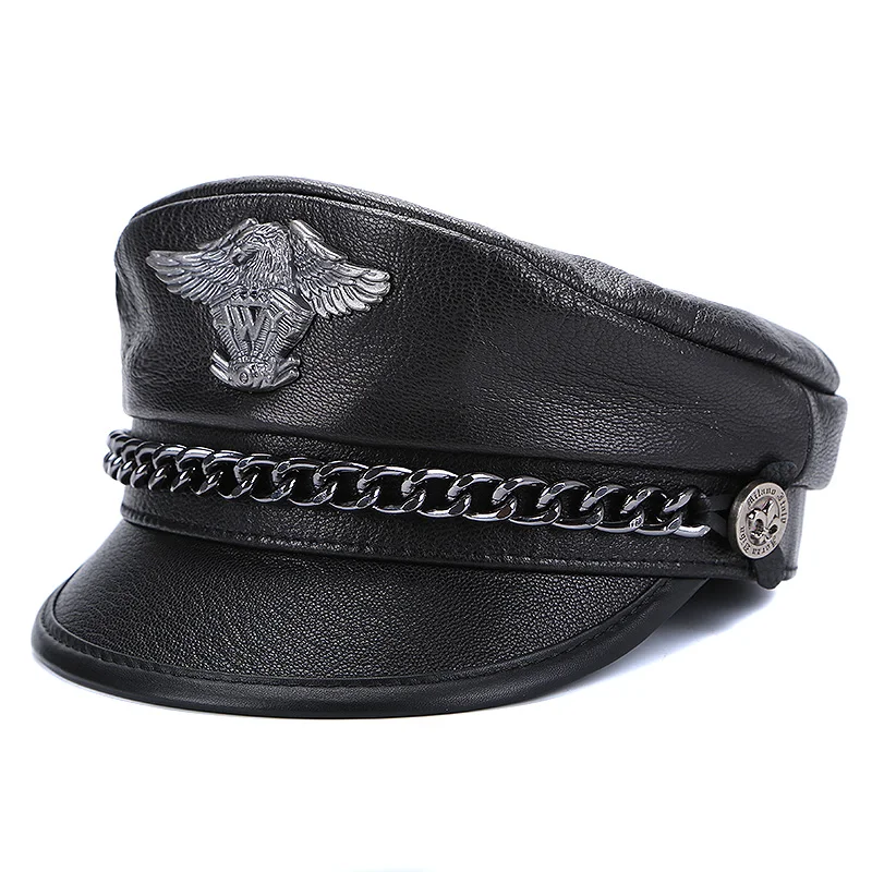 Exclusive German Military Cap Man Genuine Leather Flat Top Hat Korean Fashion Eagle Mark Chain Punk Locomotive Casquette Male