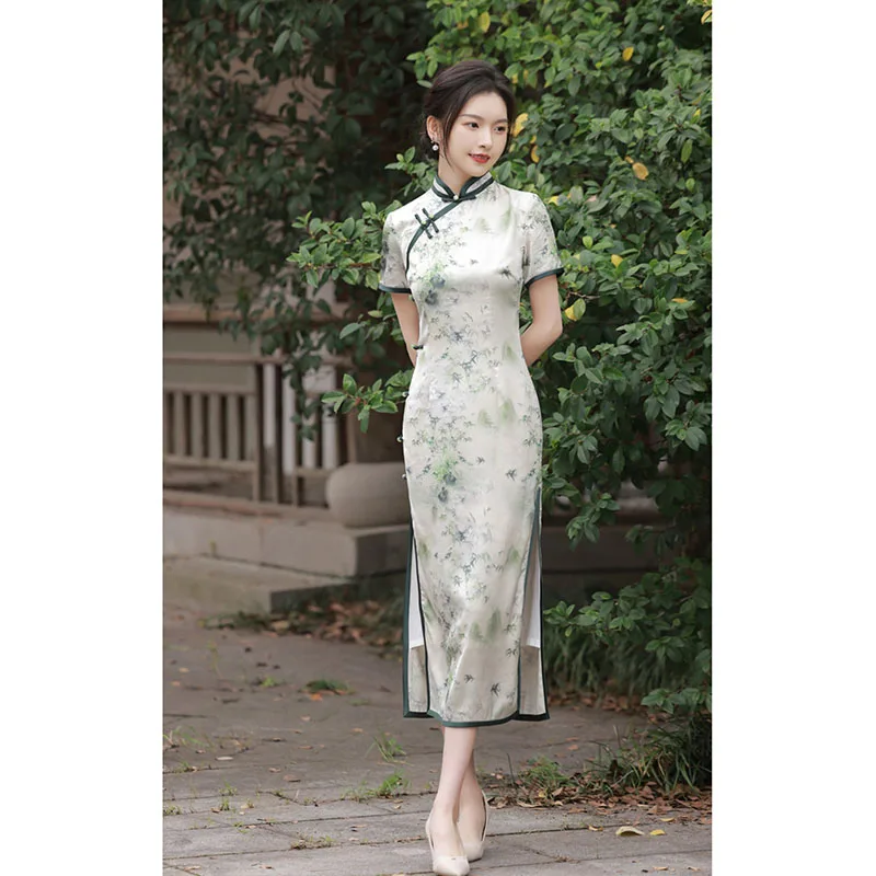 

Green Long Chinese Style Bamboo Cheongsams Improved New 2023 Summer Women Young Temperament Gentle Simple Elegant Qipao Dress