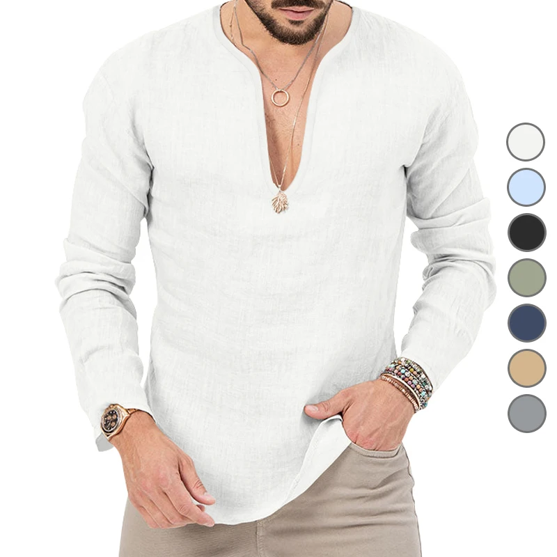 Men\'s Spring/Summer Large casual tropical cotton and linen deep V-neck solid color large sleeved T-shirt shirt