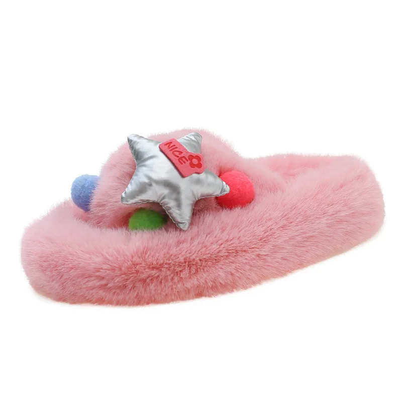 Kids Winter Slippers Open Toe Cute Decoration Home Shoes Plush Comfort Girls Shoes Outdoor Thick Sole Anti Slip Fur Slippers 슬리퍼