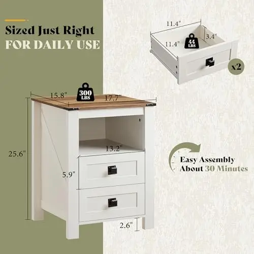 3-Piece White Bedroom Set with 4-Drawer Dresser & 2 Nightstands | Distressed White, Farmhouse Furniture Set, Sliding - view 3