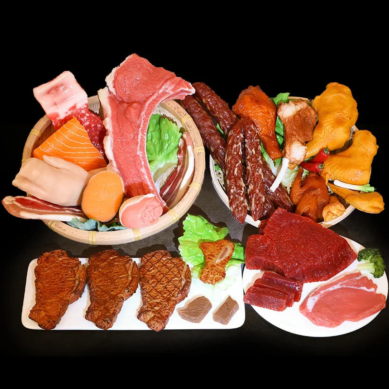 PVC Miniature Food Model for Home Decoration, Beef, Steak, Salmon, Pork, Sausage Meat, Simulation, Color