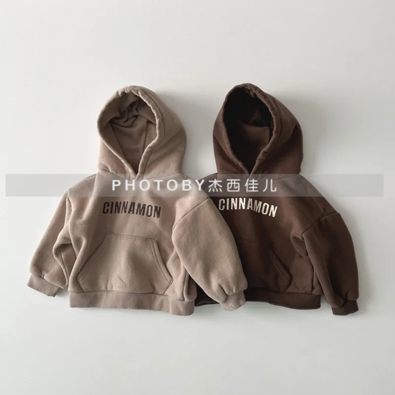 

2025 Winter New Children Long Sleeve Casual Sweatshirt Boys Girls Letter Print Hoodie Baby Warm Hooded Tops Loose Kids Clothes