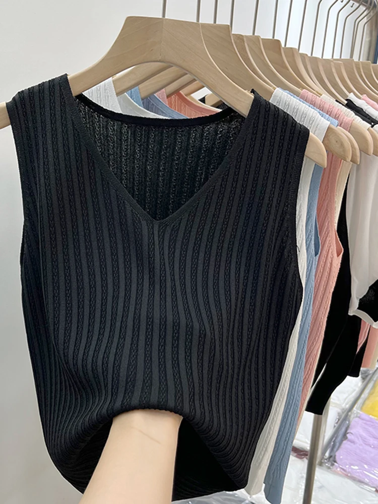 Summer Versatile Knit Sleeveless Tops Women Basic Solid Tank Tops Casual V-neck Slim Thin Tees Female Tops Ice shreds Vest