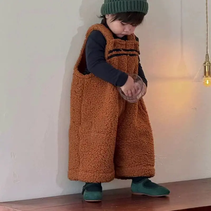 Kids Autumn Winter Overalls 2025 New Korean Fashionable Boys Girls Vintage Lamb Wool Sleeveless Casual Daily Long Pants
