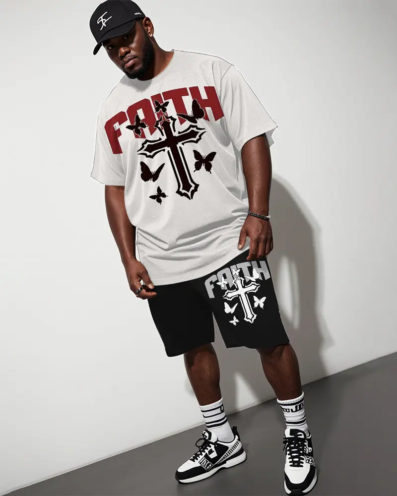 

S-9XL Big & Tall Faith Cross Butterfly Easter Letter Print Tee & Black Shorts 2Pcs Casual Outfit
