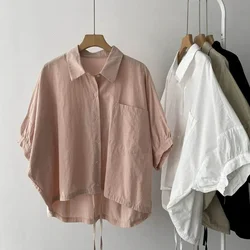 Cotton Shirts for Women Vintage Short Sleeve Polo-neck Casual Summer Single Breasted Korean Style One-piece Blouse Women Tops