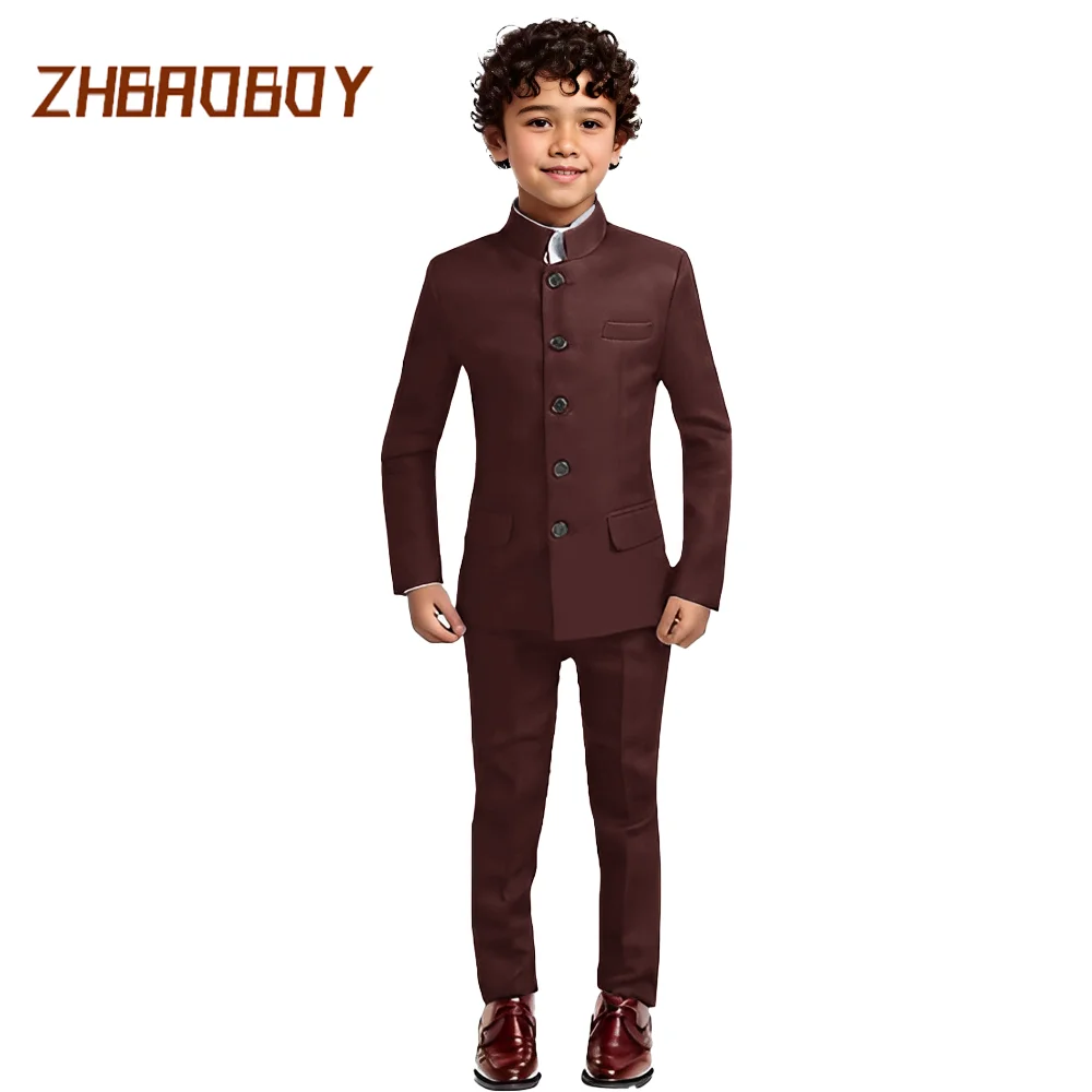 Boys Suit Mandarin Collar Suit 2 Pieces Slim Fit Chinese Formal Suits for Boys Traditional Wedding Outfit