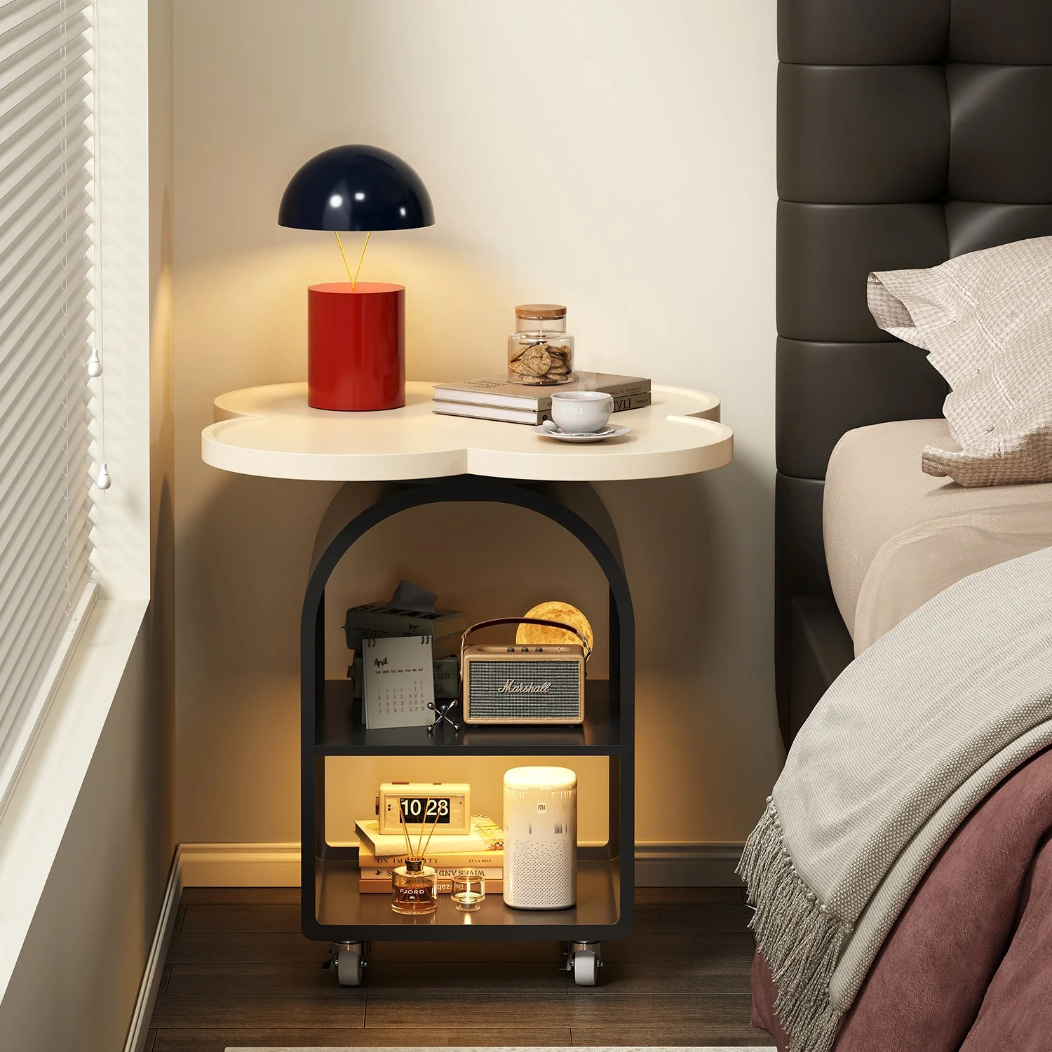 fj-Four-Leaf Clover Metal Movable Nightstand for Small Apartments Bedroom Living Room Sofa Shelf#
