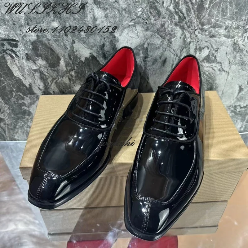 Men Party Gentleman's Flats Leather Black Square Toe Lace Elegant Basic Loafers Spring Wedding Red Glossy Oxfords Solid Sneakers