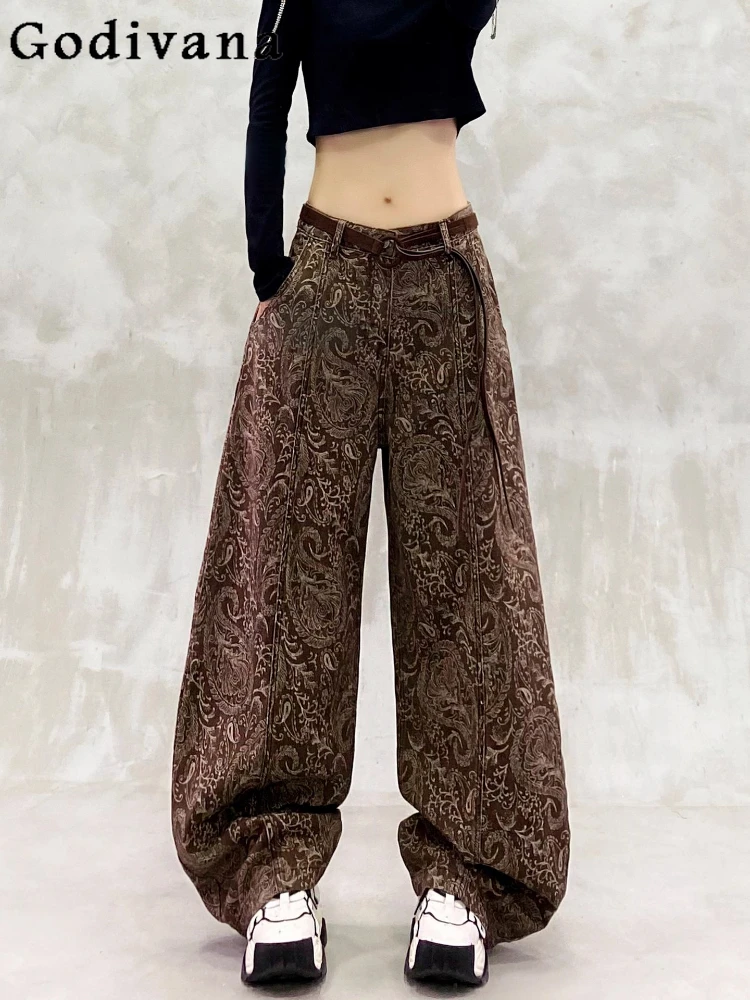 

European American Personalized Fashion Print Leisure Jeans Women Autumn New Retro High Waist Loose Versatile Long Straight Pants