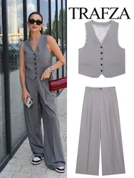 TRAFZA Women's Set Solid V-Neck Sleeveless Pockets Single Breasted Vest Tops+High Waist Pockets Zipper Pants Women Fashion Suits