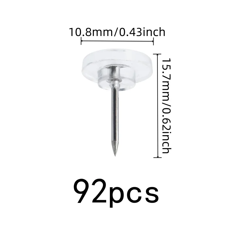 92 pcs Flat Head Push Pins, Transparent Flat Head, suitable for Photo Picture Pinning, Reusable Wall Safe