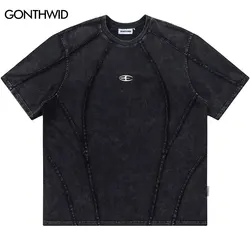 Vintage Black T-Shirt Streetwear Hip Hop Solid Washed Tshirt Grunge Men Punk Gothic Loose Shirts 2024 Harajuku Casual Loose Tops