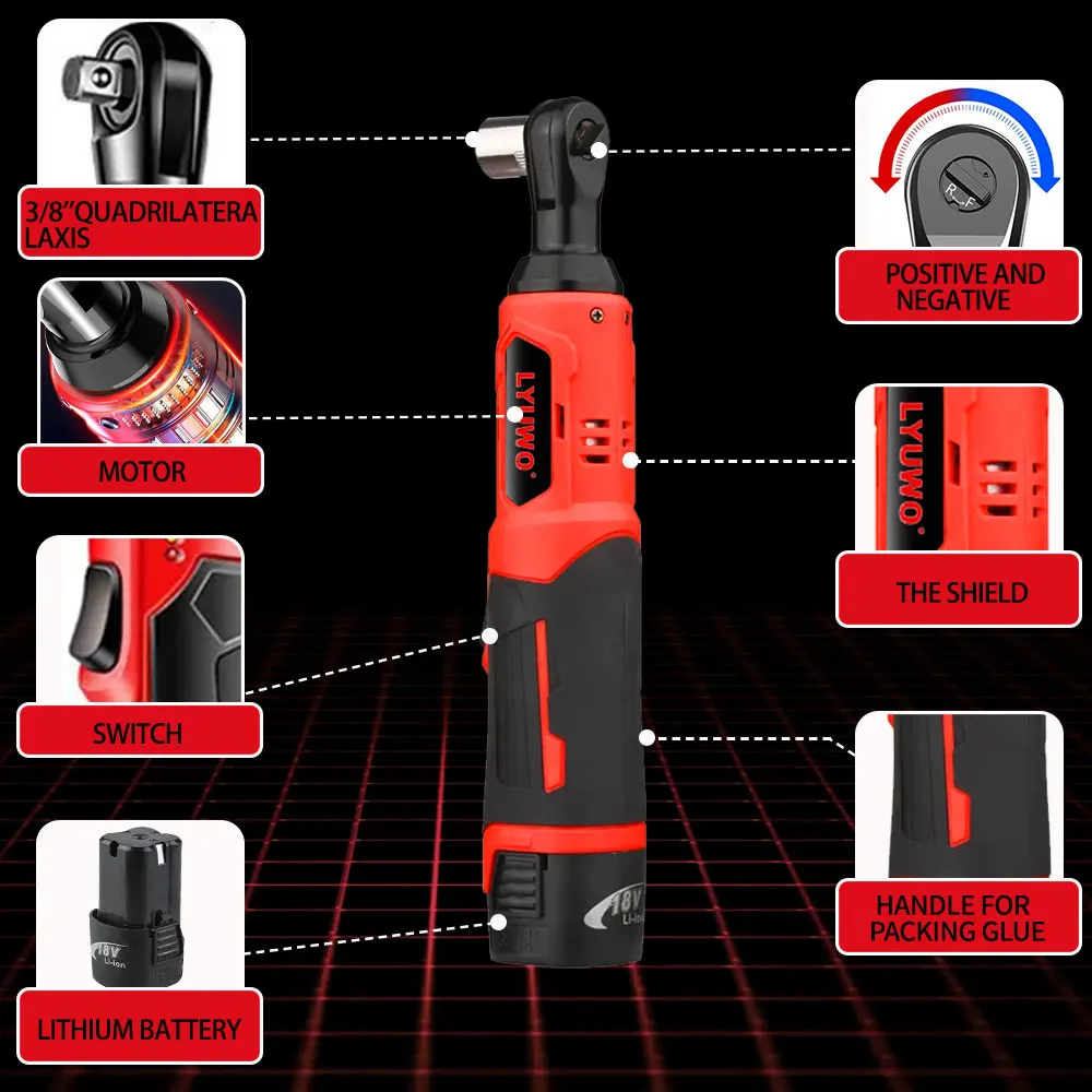 LYUWO 18V 90 Degree Rechargeable Right Angle, Ratchet Kit, Angle Drill, Screwdriver Nut Removal, Car Repair Tool, Power Tool Set