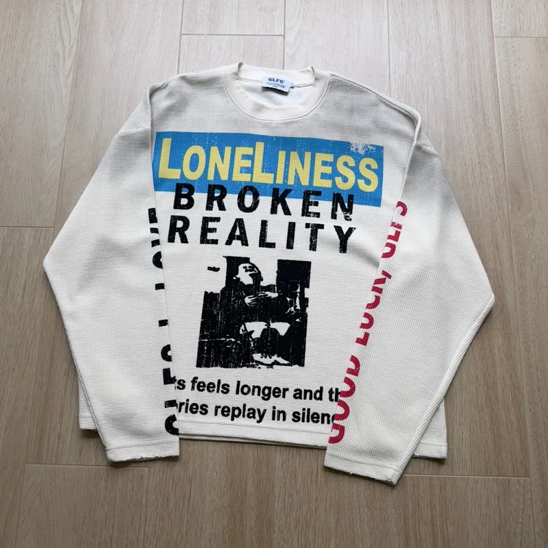 Stain Waffle Long Sleeves Loneliness People At Office Overtime Print T Shirt Men Women Quick Dry Loose Breathe Tops Tee Clothes