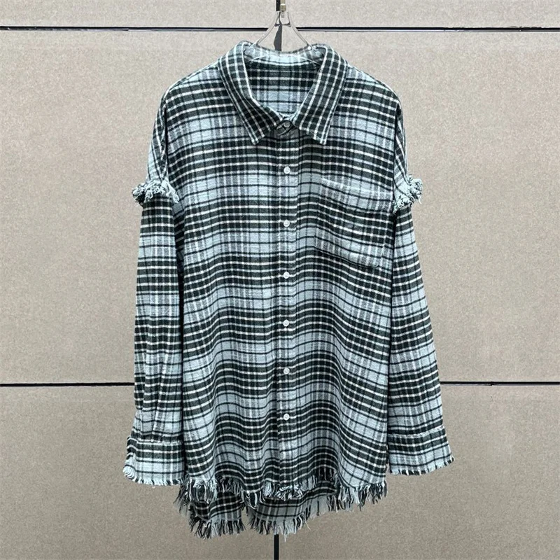 

Women's shirt New single breasted loose collared long sleeved top for autumn 2025 Washed tassel pure cotton Women's blouse y2k