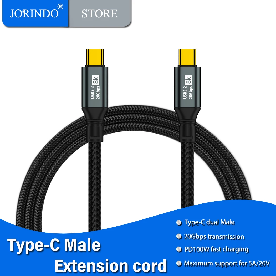 JORINDO Type-C to Type-C extension cable, PD100W fast charging 20Gbps transmission rate 8K screen projection data cable