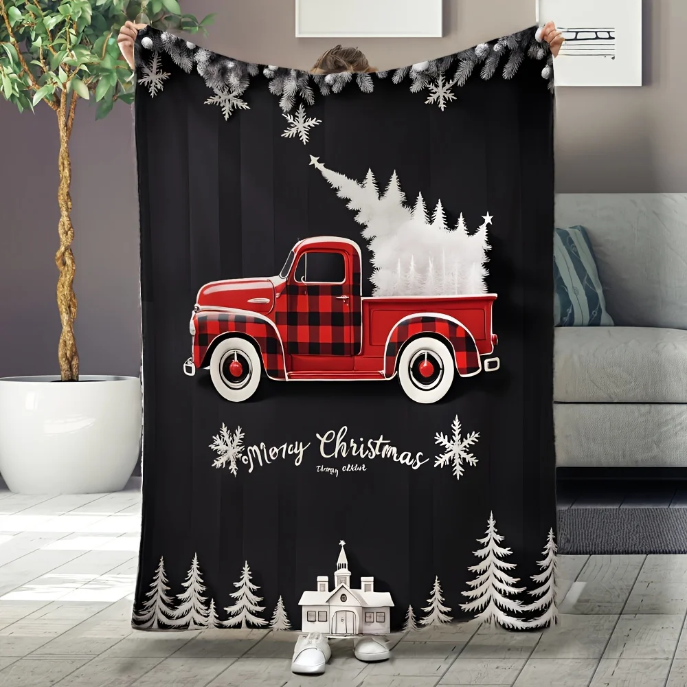 

"Red Truck Christmas Blanket, Soft Cozy Throw with Plaid Design and Snowflakes, Festive Gift for Winter Holidays"