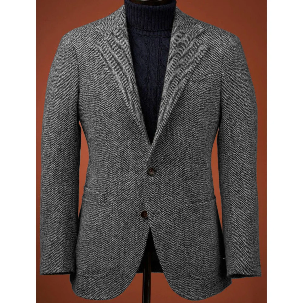 Mens Wool Blend Suit Jacket Single Breasted Business Blazer Casual Jacket Fashion Herringbone Slim Fit Comfortable Elegant Mens