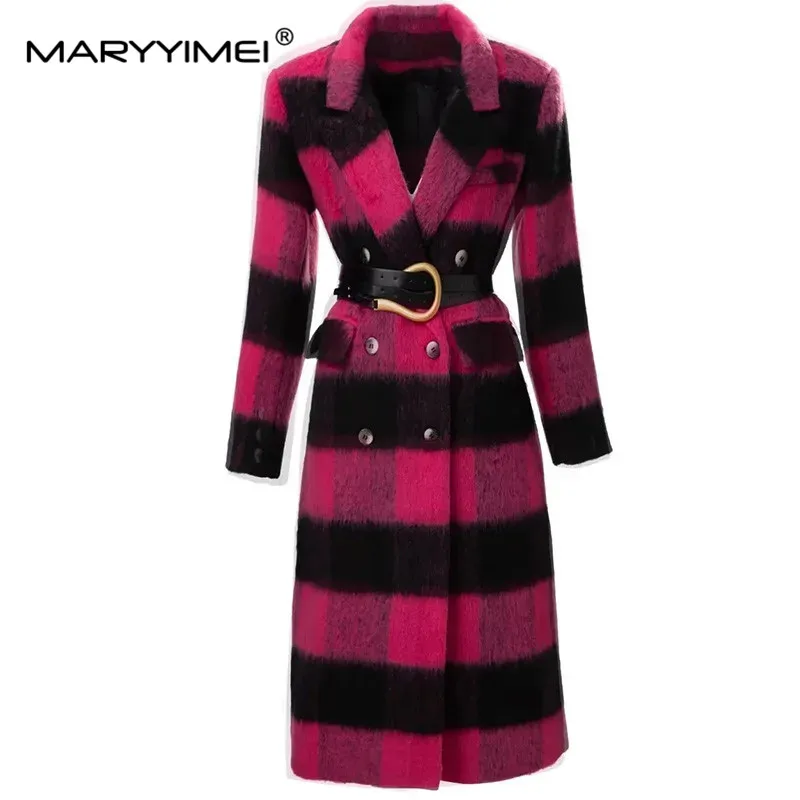 

MARYYIMEI Autumn Winter Runway Overcoat Women Long Sleeve Double Breasted Belted Fashion Long Plaid Coat