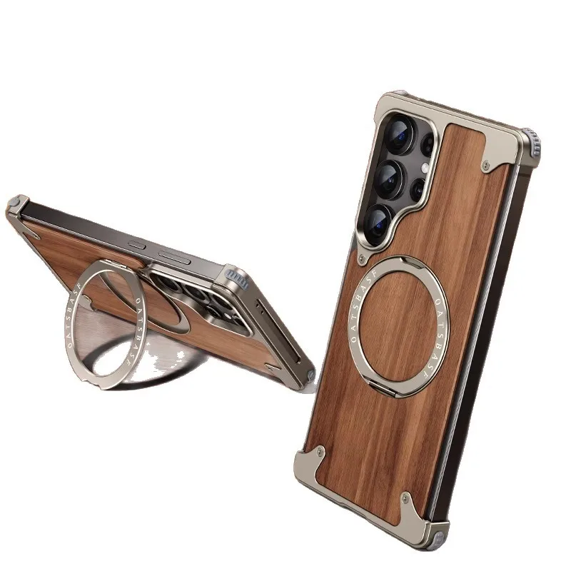 Wood Phone Case for Samsung S26 Ultra Magnetic Wood Shell Walnut Grain Metal Frameless Design for S24 or S25