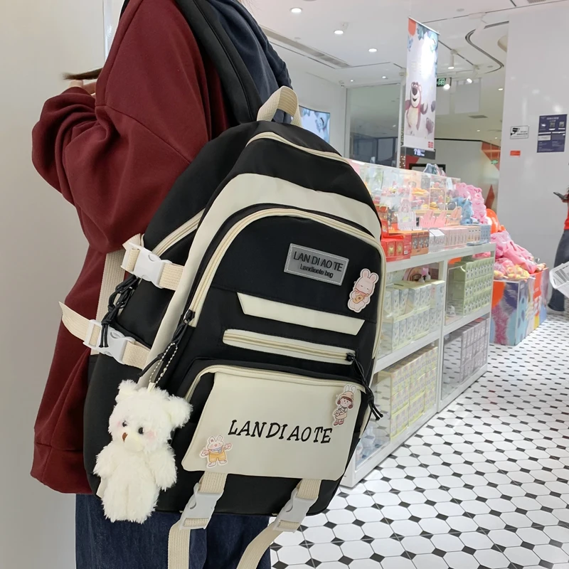 Modny tornister Kawaii dla nastolatków Wodoodporny nylonowy plecak dla dziewcząt Śliczny damski plecak na laptopa Torba podróżna Czarny różowy