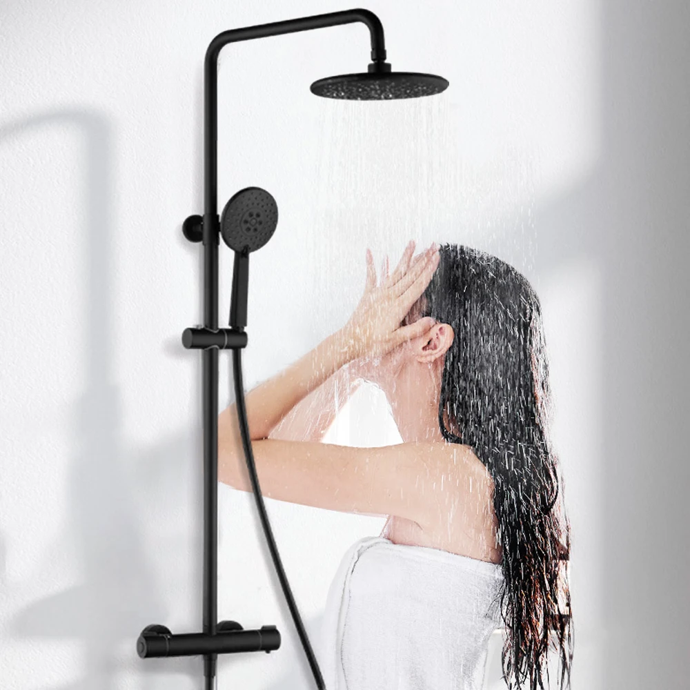 Shower System with Thermostat Black Faucet Shower Set 3 Spray Modes Hand Shower Rain Shower Height-Adjust