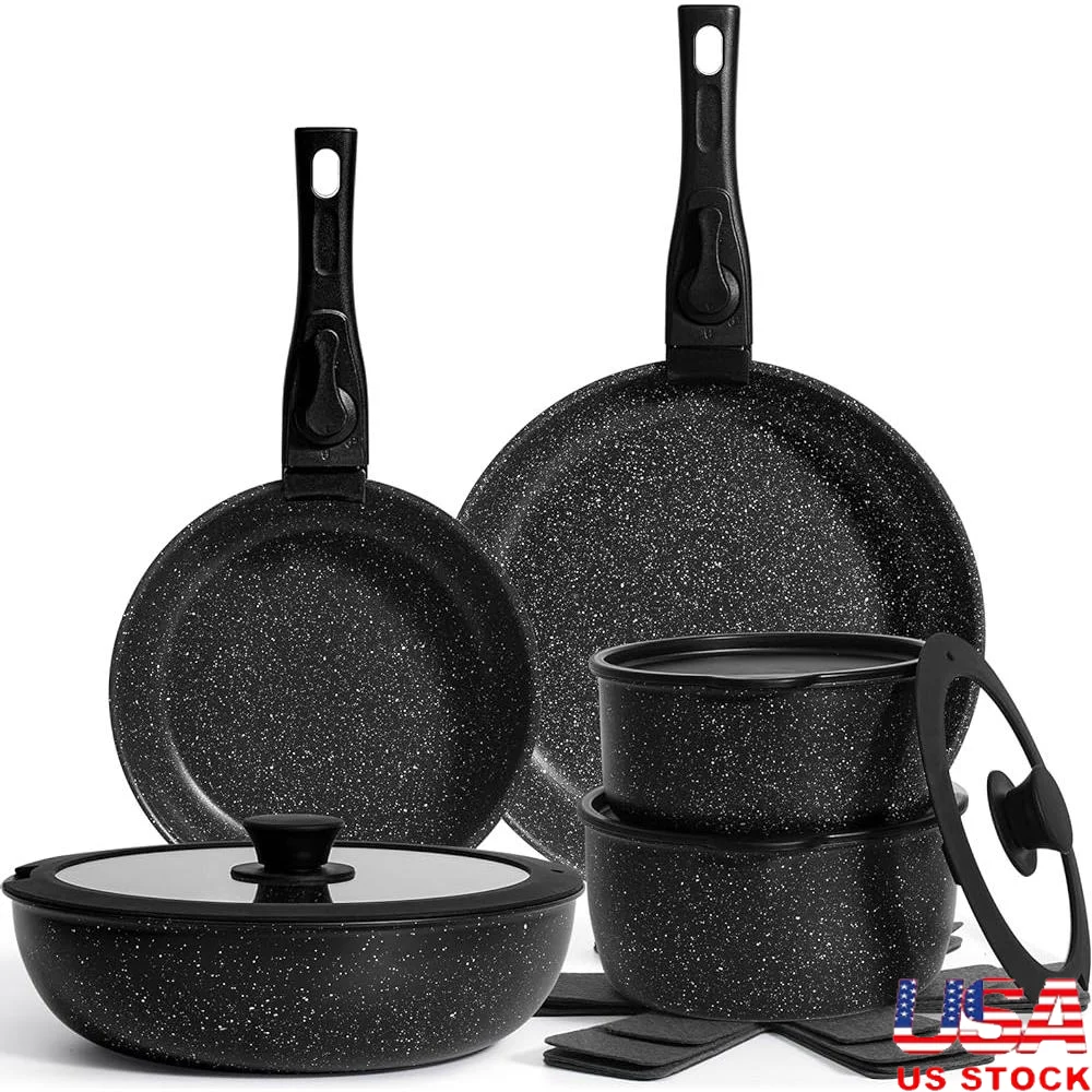 

15Pcs Non Stick Cookware Set Removable Handle Space Saving Pots and Pans Multi Stovetop Compatible Easy Clean Dishwasher Safe