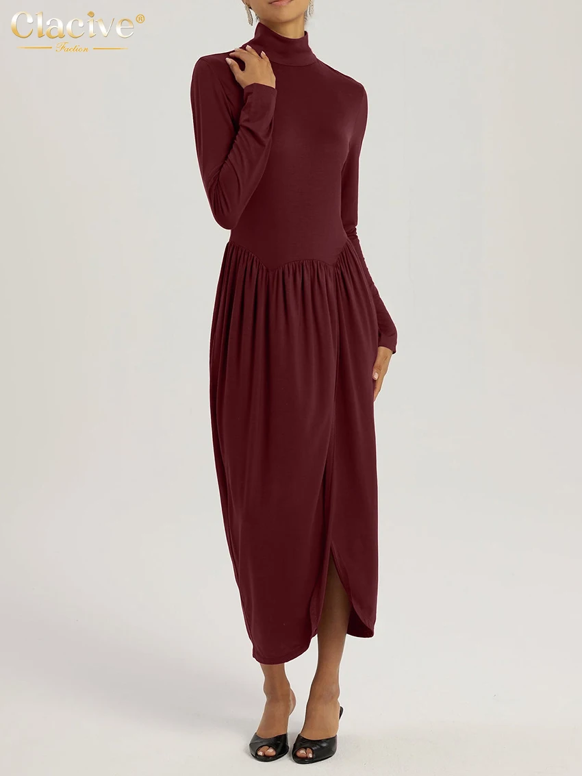 

Clacive Bodycon Wine Red Women's Dress 2026 Fashion Turtleneck Long Sleeve Midi Dresses Elegant Classic Pleated Female Dress