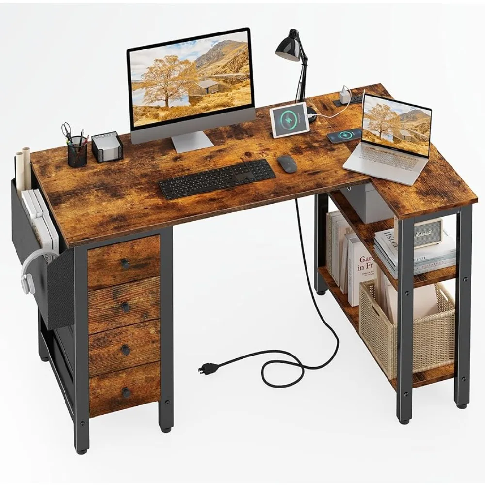 

Desk With Drawers & Storage Shelves 47 Inch Corner Computer Desk With Power Outlet for Home Office Bedroom Rustic Brown