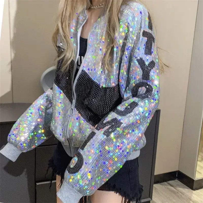 Spring Autumn With Rhinestones Female Baseball Aviator Coats New in Sequin Women's Bomber Jackets Demi-season Chic Outerwears